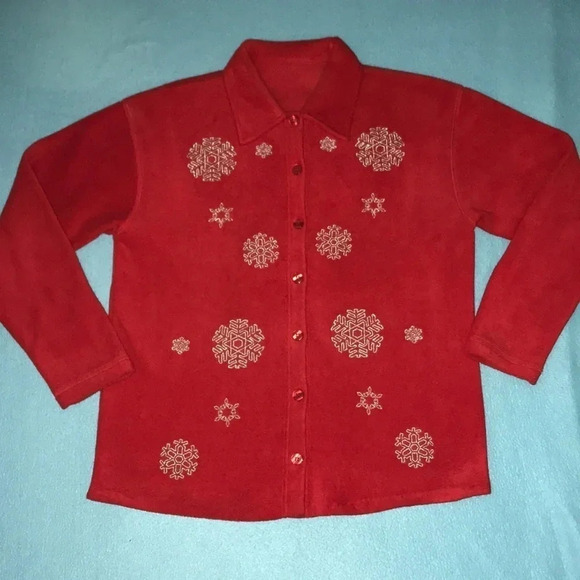 ❄️ Vintage fleece Christmas sweater/ jacket embroidered snowflakes size L - Picture 1 of 8